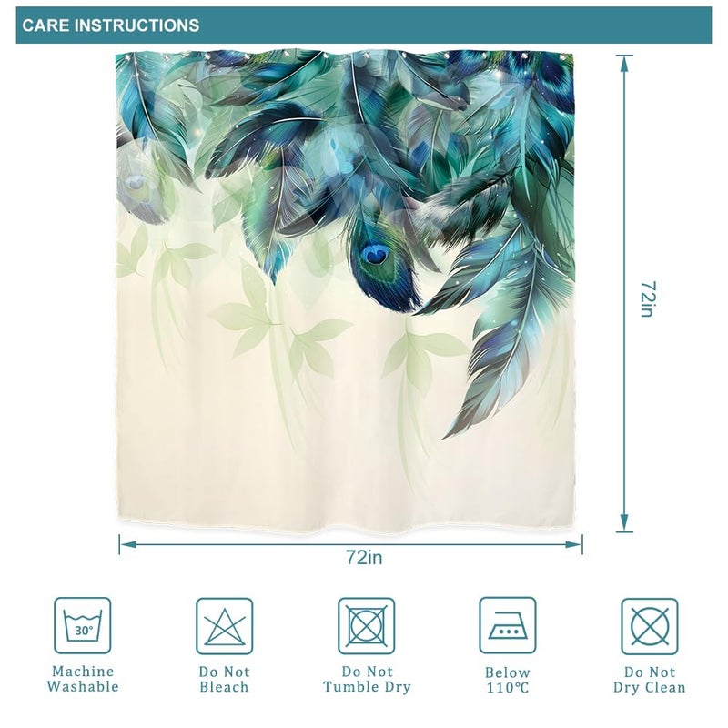 Riyidecor Teal Peacock Turquoise Feather Shower Curtain for Bathroom Decor 72Wx72H Inch Watercolor Green Leaf Bathtub Accessories for Women Girl Vintage Floral Panel Set Fabric Waterproof 12 Pack Hook - Image 5